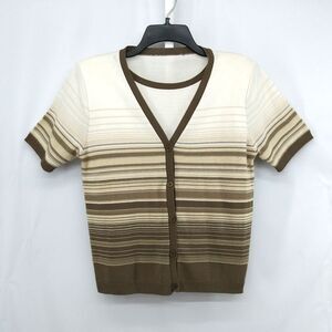 Womens Medium Ivory Brown Short Sleeve 2 Layer Knit Blouse